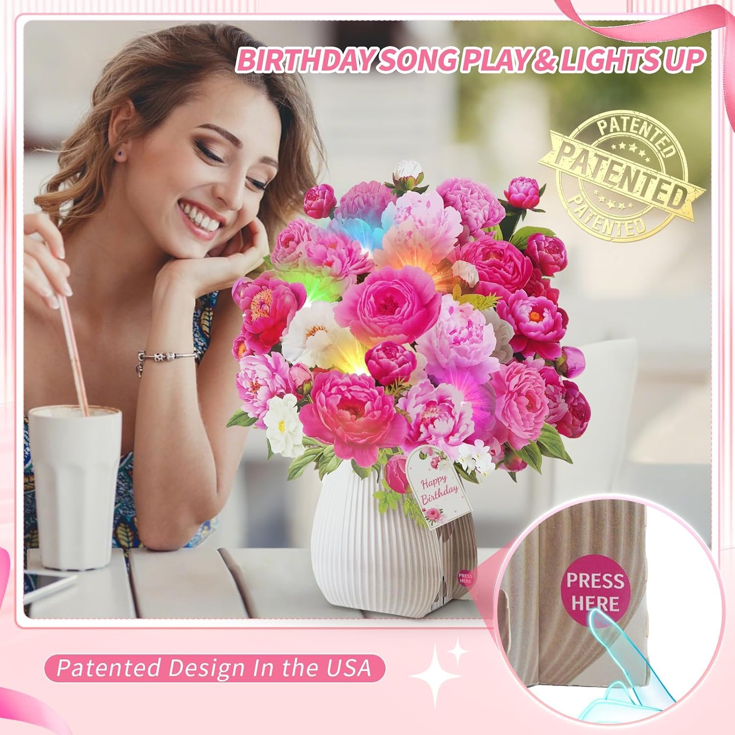 Detalle 2 de WUJUN 3-in-1 Pink Peony Pop Up Birthday Card with Music & Lights (10 inch) – For Mum, Wife, Daughter