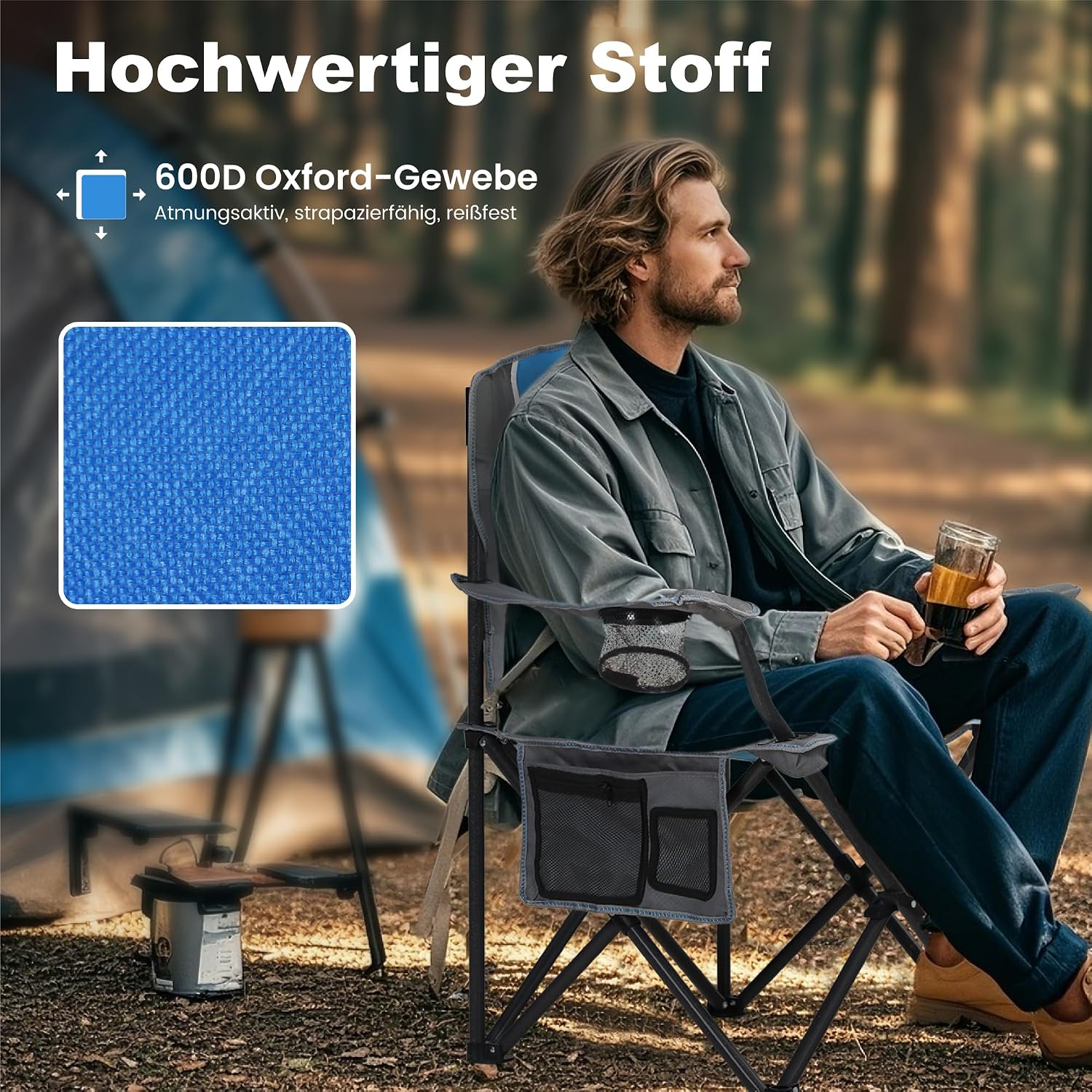 Detalle de LET’S CAMP Campingstuhl Klappstuhl faltbar mit Getränkehaltern & Tragetasche XL (bis 160 kg)