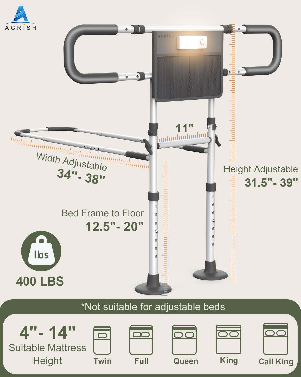 Thumbnail 3 de Agrish Bed Guard for Elderly Adults with Motion Sensor Light and Storage Pouch – Adjustable Safety Rail for Seniors