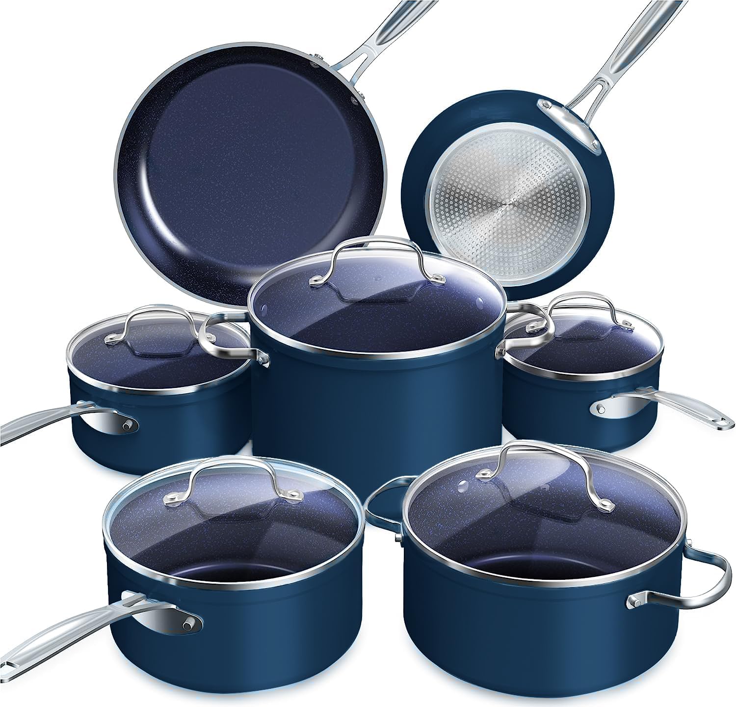 Detalle de Nuwave Healthy Duralon Blue Ceramic Nonstick 12pc Cookware Set (PFAS Free, Diamond-Infused) with Tempered Glass Lids