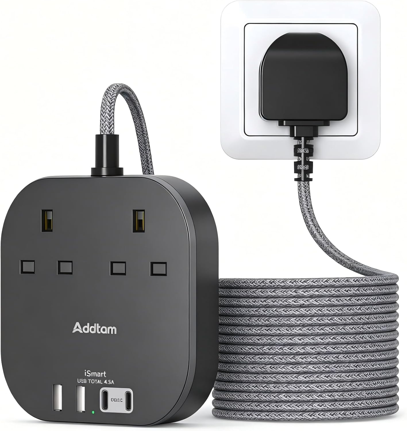 Addtam 5M Extension Lead with USB Slots and Braided Cord – 2 UK Outlets, 4 USB Ports (2x USB-C, 2x USB-A) with Surge Protection
