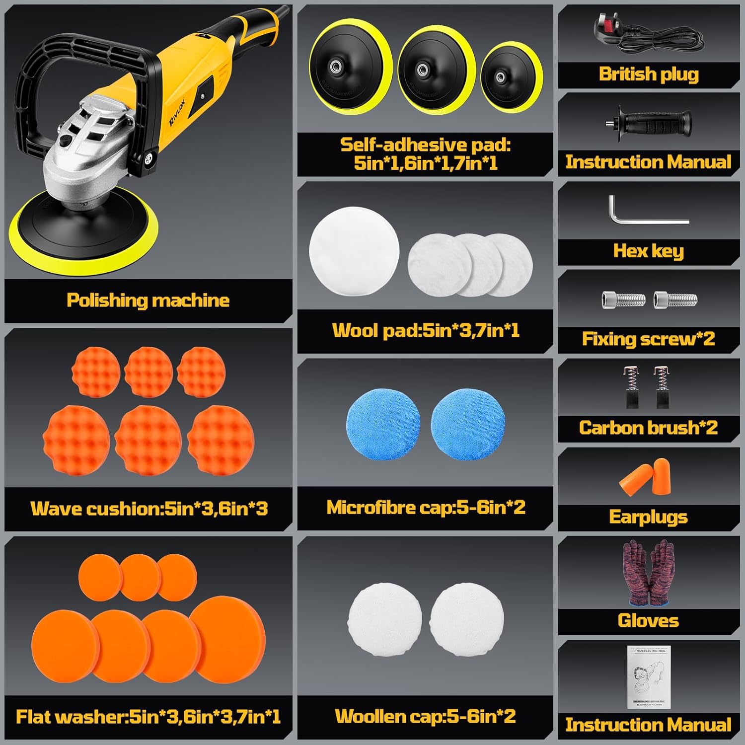 Thumbnail 4 de Rivlox 1600W Rotary Car Polisher & Buffer Kit (5/6/7 inch) with 7-Speed Control, Pads and Caps Included