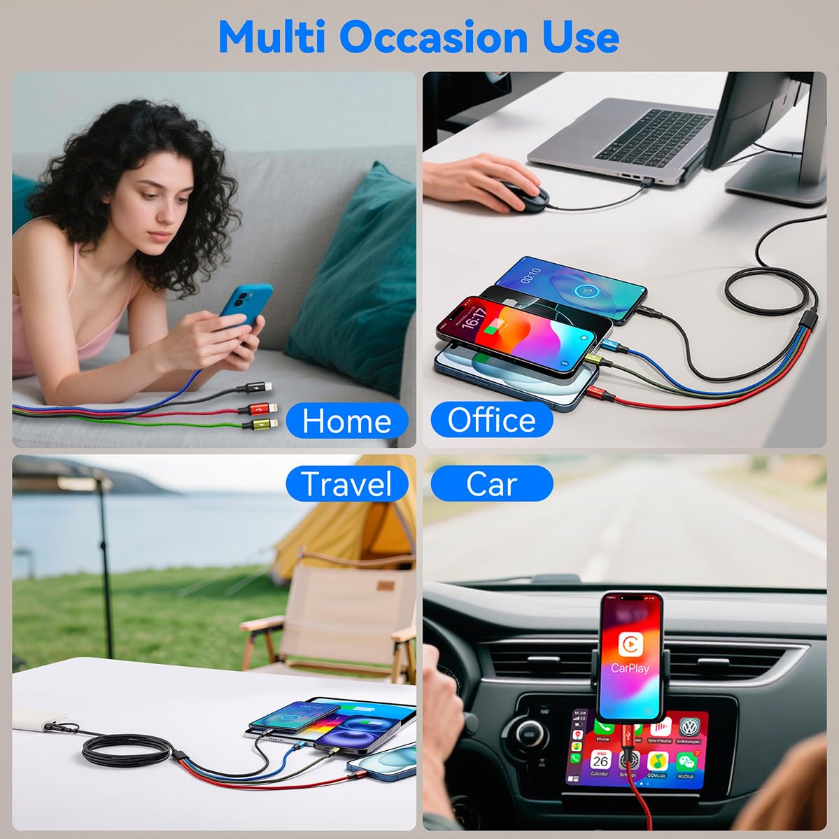 Thumbnail 6 de Minlu 4-in-2 Multi Charging Cable (2-Pack, 1.2m) – USB A/C to Lightning/USB-C/Micro for iPhone, Samsung & Android