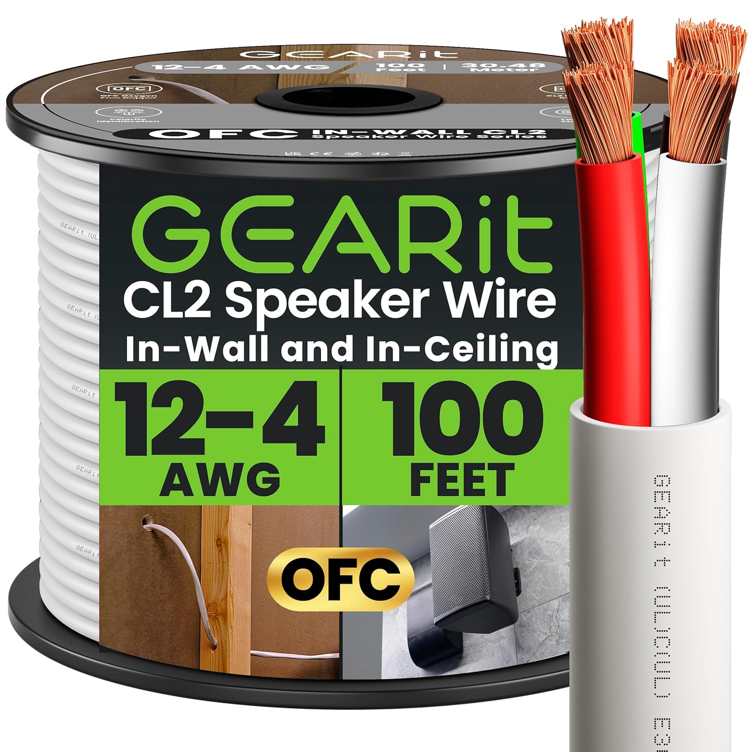 GEARit 12 Gauge OFC Speaker Wire 100 ft — 4-Conductor UL CL2 Rated (White)