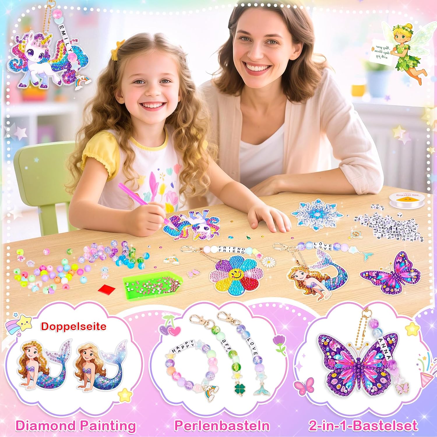 Detalle de Geschenk Mädchen Diamond Painting 2-in-1 Bastelset – Schlüsselanhänger & Diamantenschmuck (6 Motive)