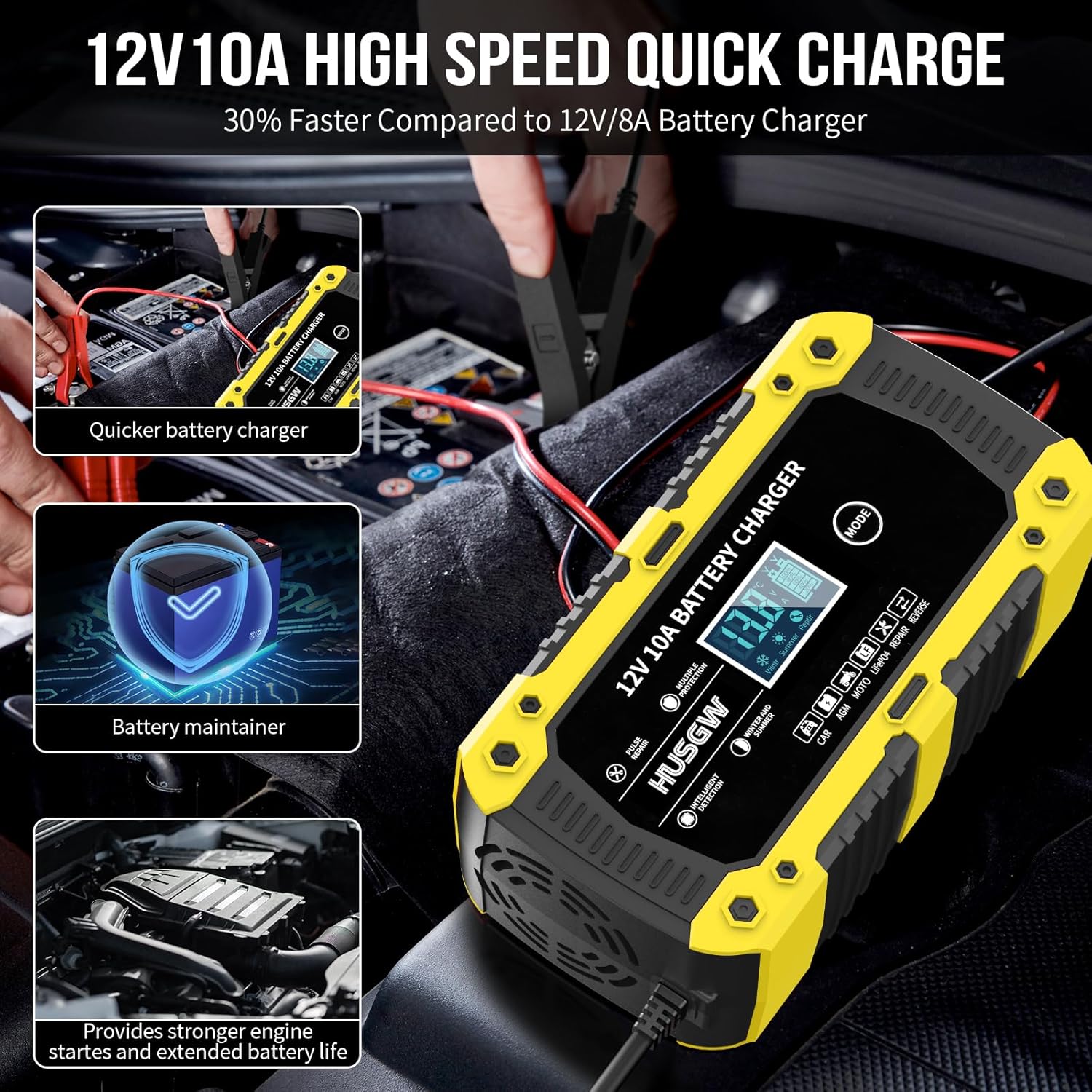 Detalle de Caricabatterie auto e moto 12V 10A con display LCD e multi-protezioni (modalità CAR, AGM, MOTO, LiFePO4, REPAIR) – Giallo 10A