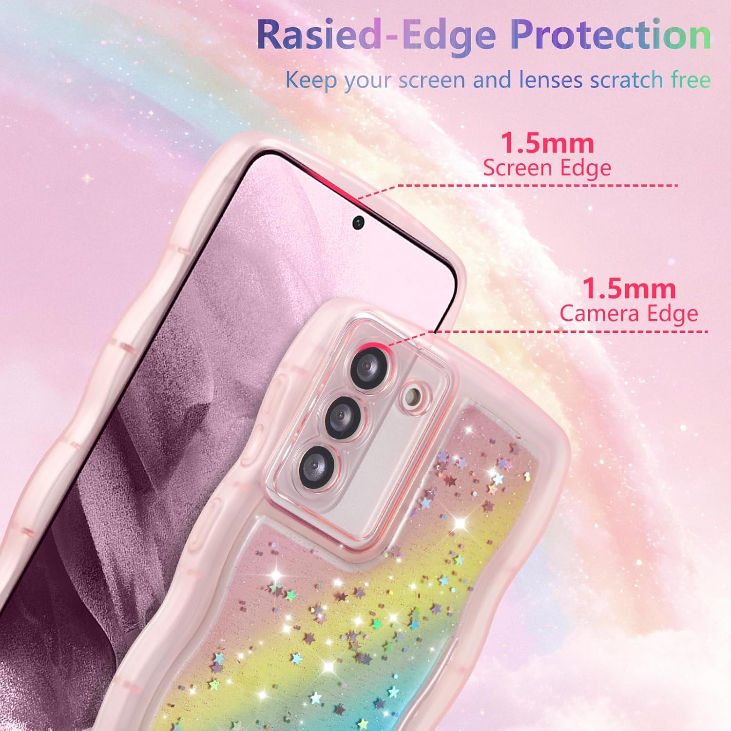 Detalle 2 de ZTOFERA Curly Wave Glitter Rainbow Star TPU Case for Samsung Galaxy S22 5G (6.1-inch)