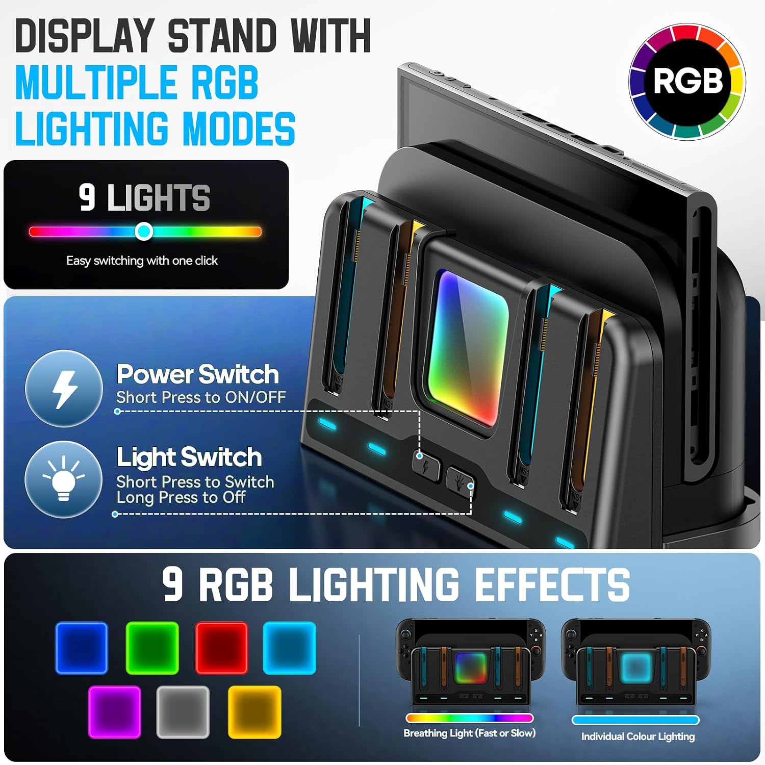Detalle de for Mac Game Switch 2/1 Charging Dock Station: Dual Joycon Charging & Display Hub with 9 RGB Modes