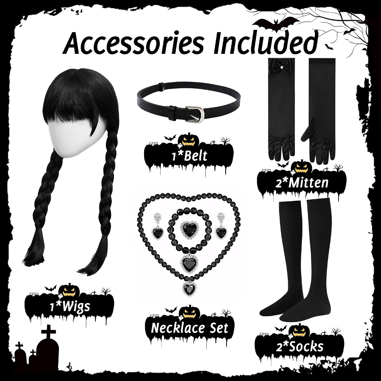 Detalle 2 de ZapLute ZPT1361 Girls’ Black Costume Dress with Wig and Accessories
