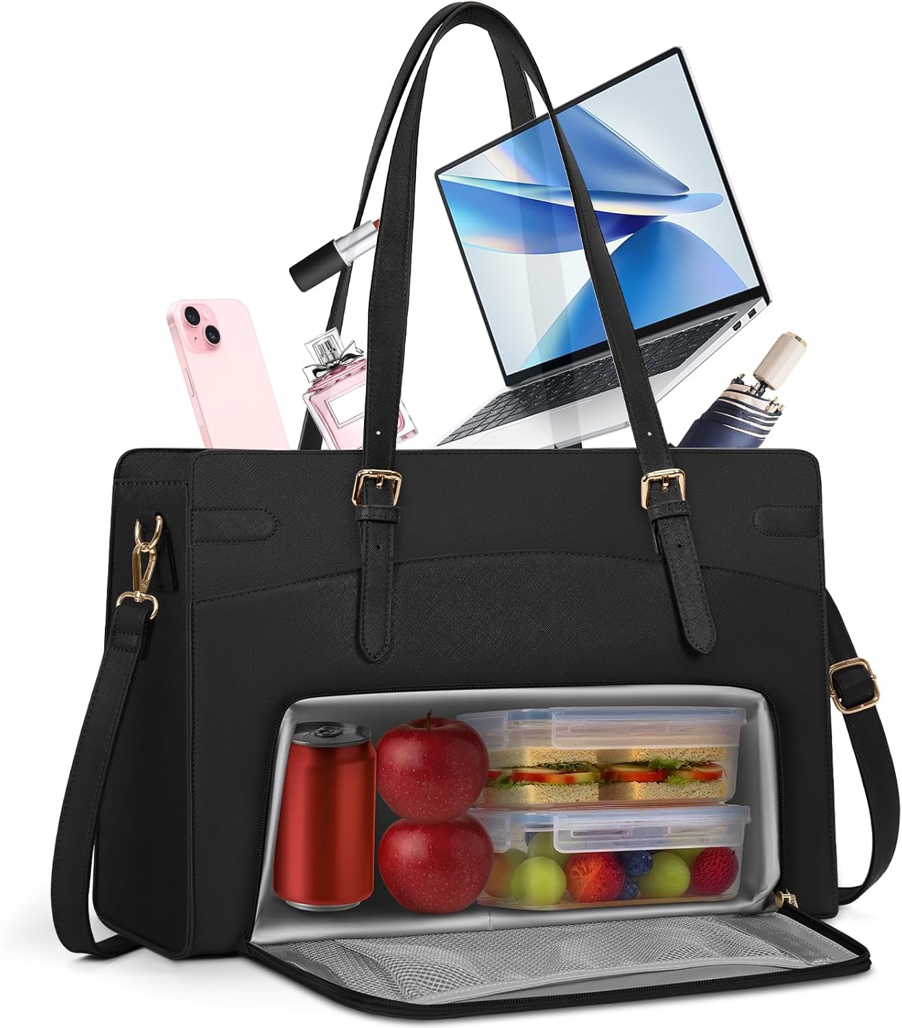 Detalle de RAINSMORE 15.6-inch Laptop Bag for Women with Insulated Lunch Compartment – PU Leather Work Tote