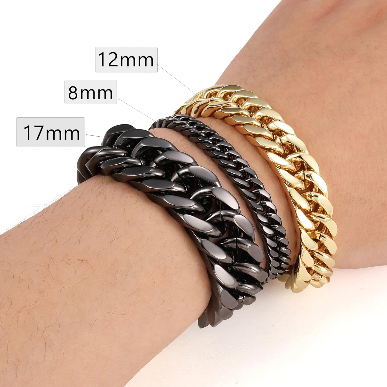 Thumbnail 5 de RWQIAN Armband Herren Edelstahl Panzerkette 8/12/17 mm – Silber/Gold/Schwarz, 18/20/22 cm