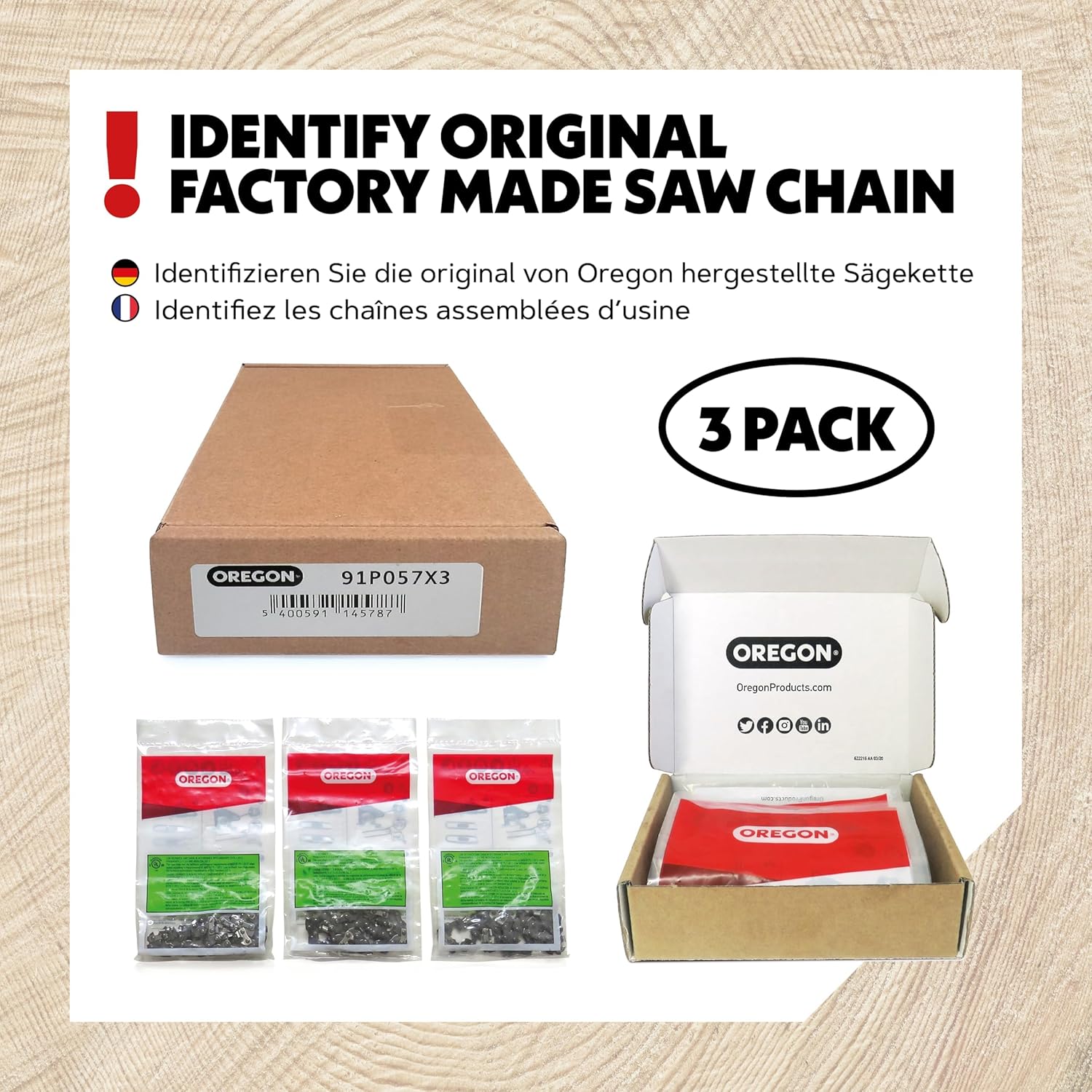 Detalle de Oregon 3-Pack Chainsaw Chain 3/8" LP Pitch, .050" Gauge (1.3 mm) – 57 Drive Links, 16" Bar, Low-Kickback Replacement Saw Chain