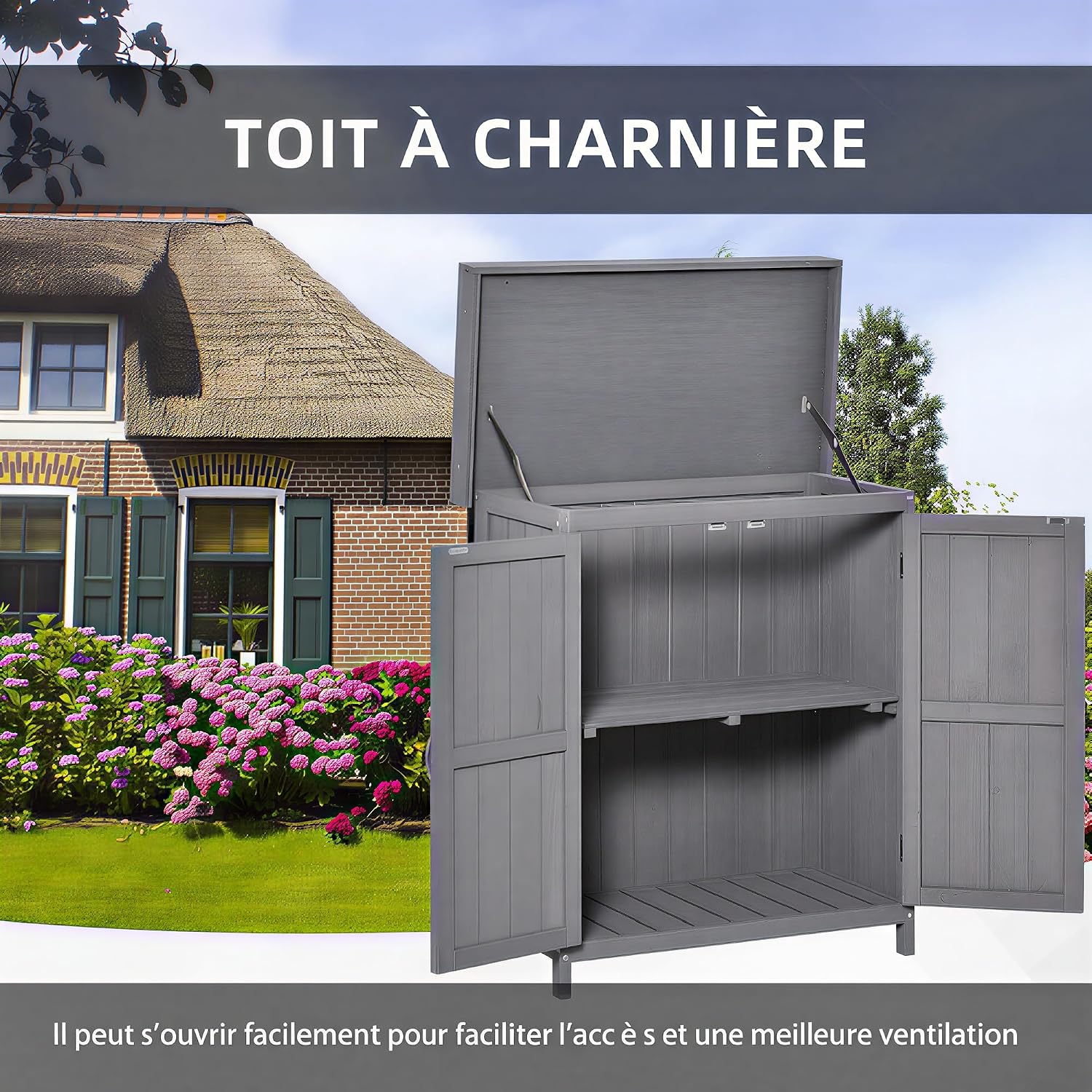 Detalle 2 de Outsunny 845-212 tuinkast met dubbele deur, grijs, in massief grenenhout