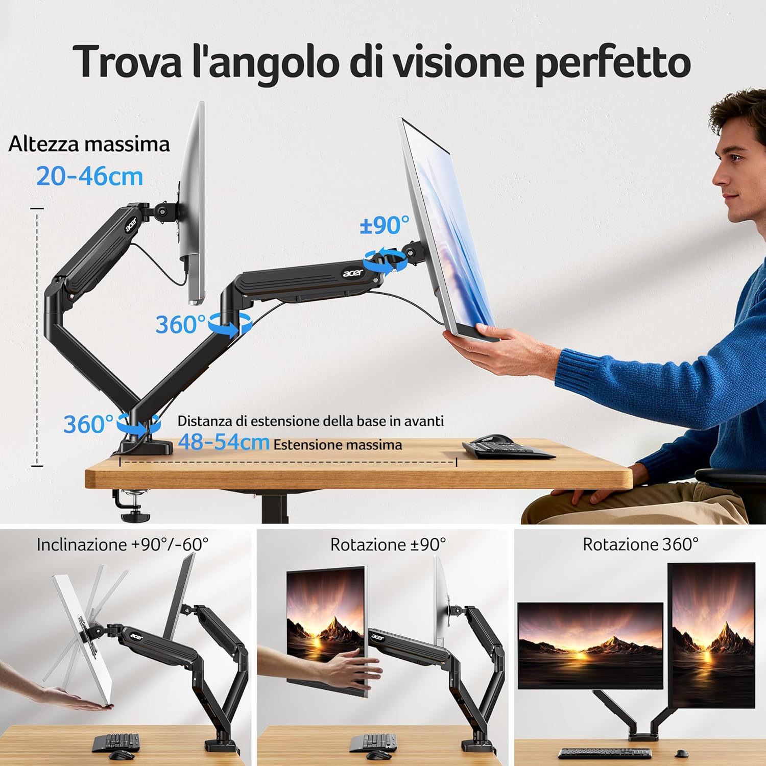 Thumbnail 2 de Acer Braccio Monitor Doppio con Supporto 17-32" a Molla a Gas, altezza regolabile e VESA 75/100