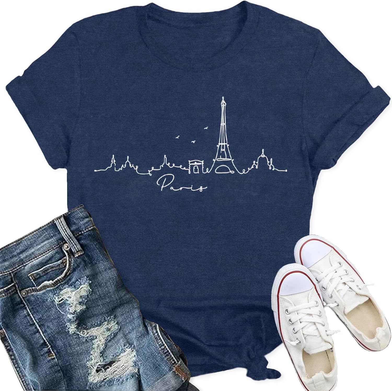 Detalle de Qskall women’s Paris travel T-shirt with Eiffel Tower print (Bonjour tee)