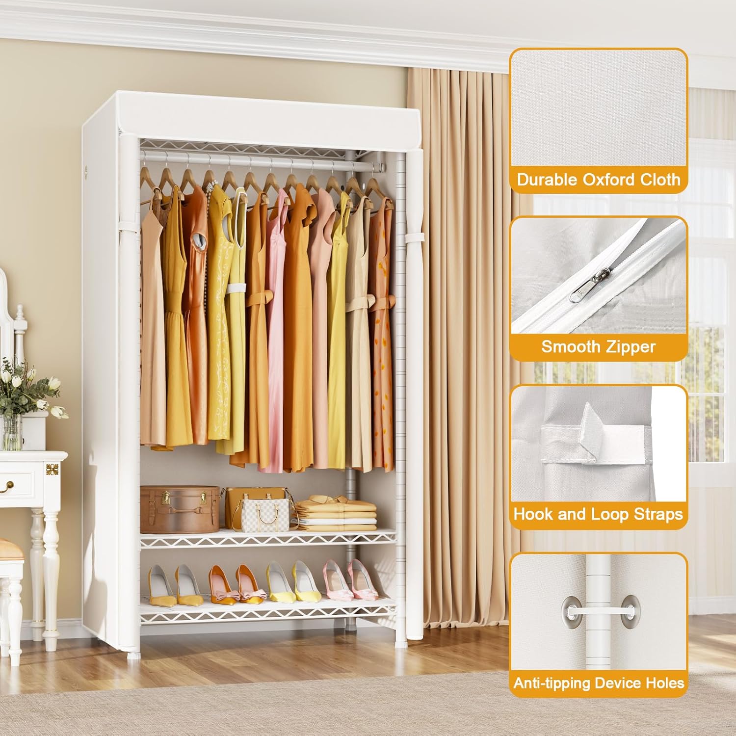 Detalle de ULIFHOME H5C Covered Clothes Rack with 3 Adjustable Shelves and Oxford Cover