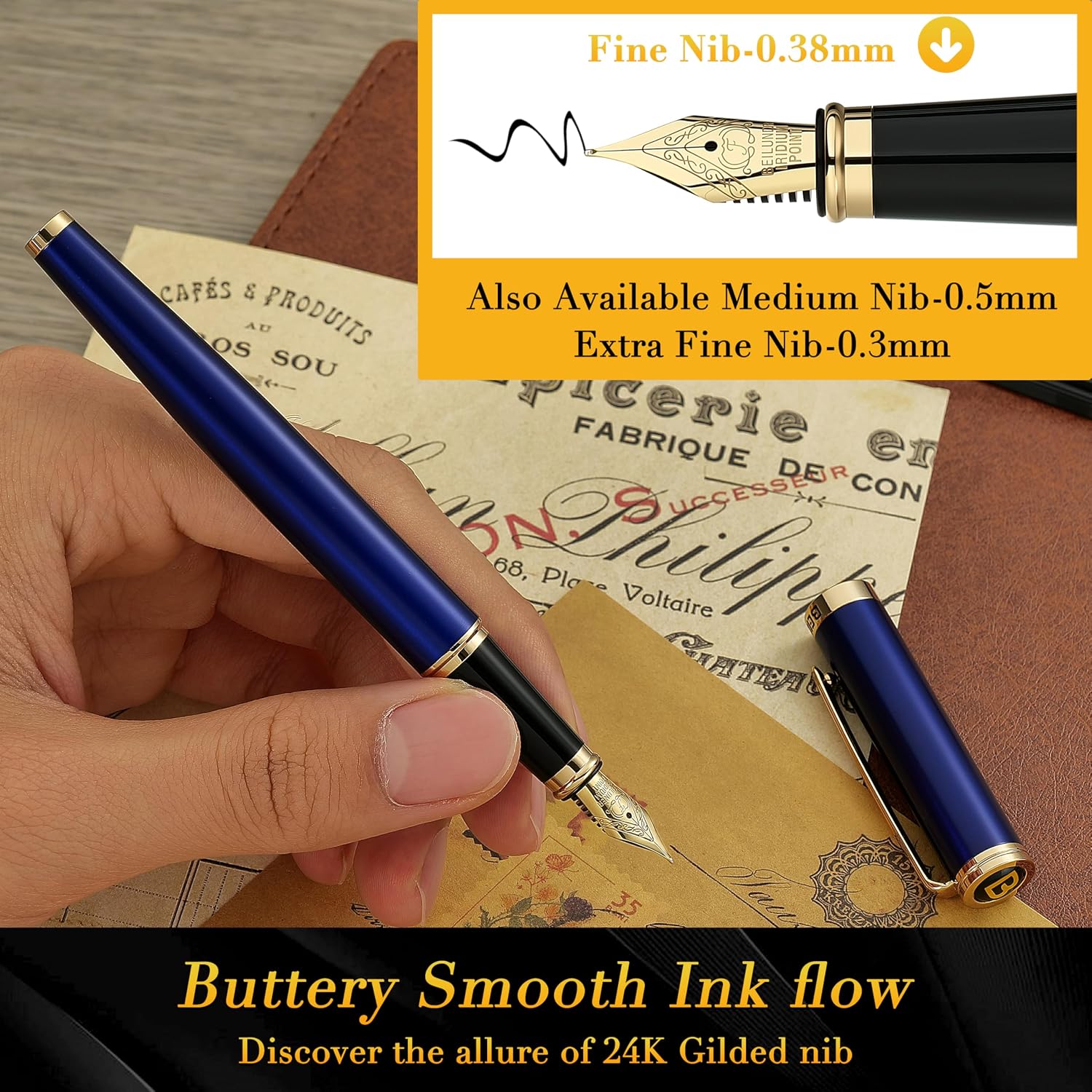 Thumbnail 3 de BEILUNER FP-F02 Fountain Pen, Blue Lacquer, Fine 24K-Gilded Nib
