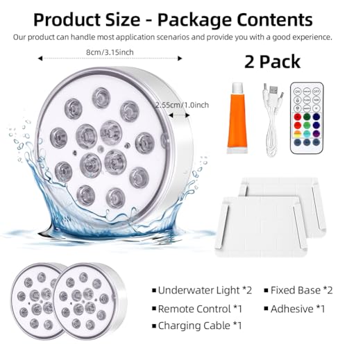 Detalle de Luci subacquee vsshe Piscina LED 2 pezzi ricaricabili con telecomando IP68, 16 colori, occhiello per matrimoni e piscine