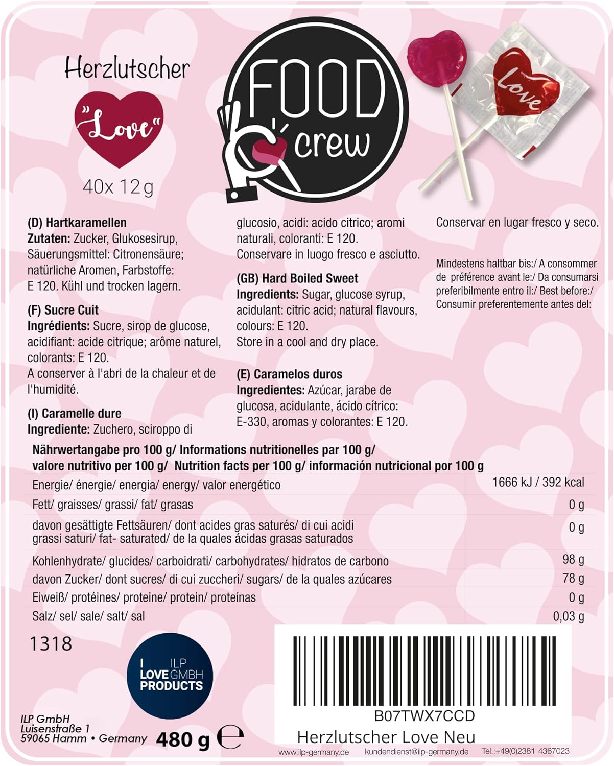 Thumbnail 2 de FOOD crew Sucette Coeur Love – 40 sucettes cœur, emballage individuel