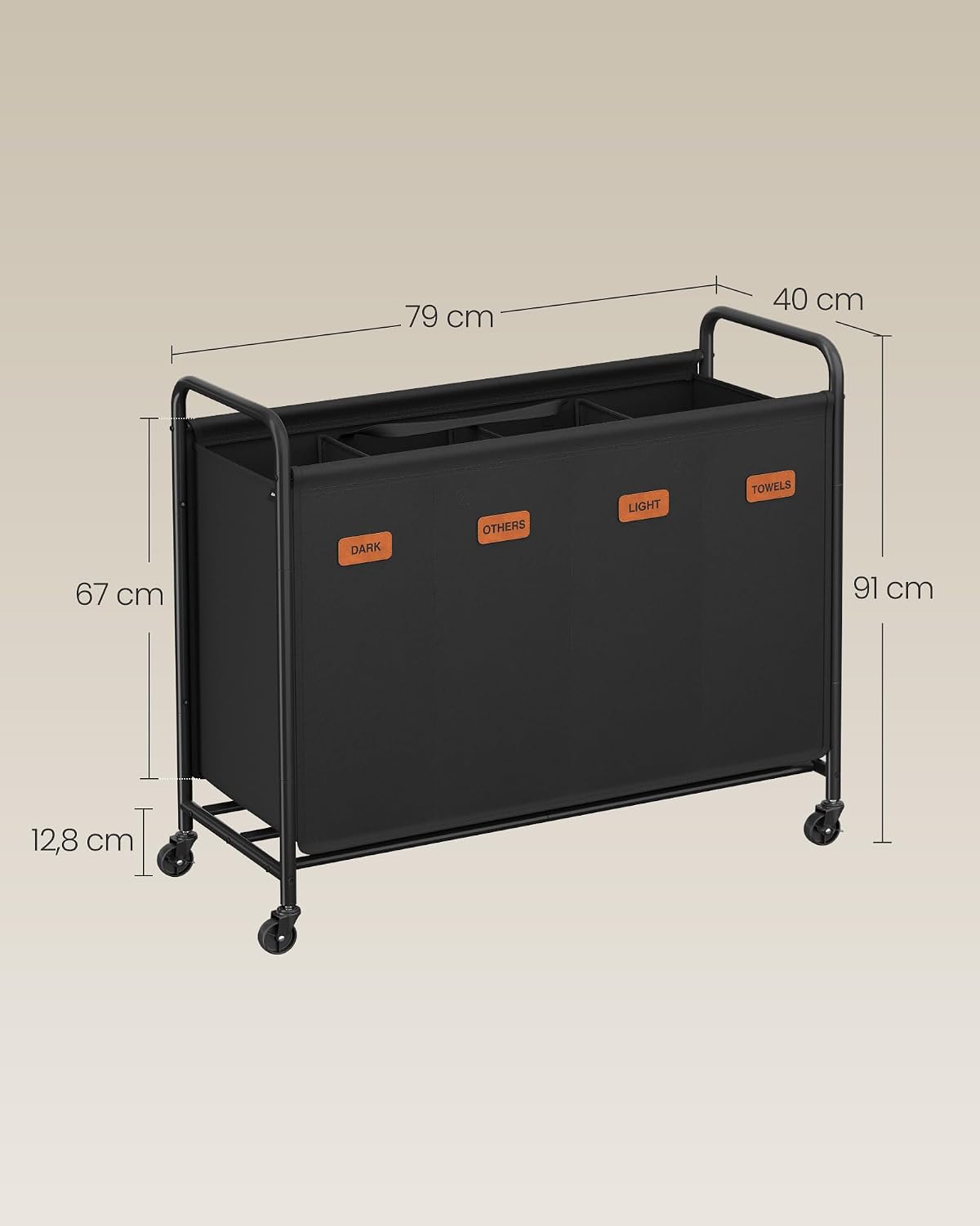 Detalle 1 de SONGMICS RLS460B01 tvättsorterare på hjul, 200 liter med fyra fack
