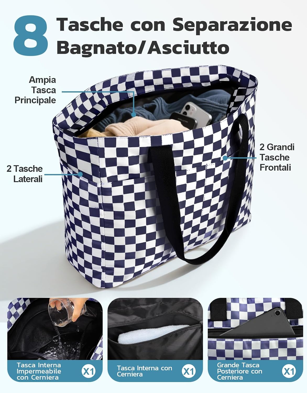 Detalle 2 de ISEYOU Borsa Mare Donna Grande & Borsa Frigo: Set 2in1 da 45L con chiusura a zip, resistente all'acqua