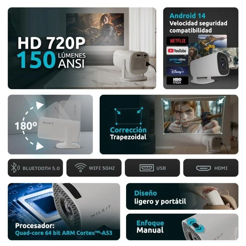 Detalle 2 de Nilait Scene Lite Proyector 150 lúmenes ANSI HD: cine portátil con Android 14
