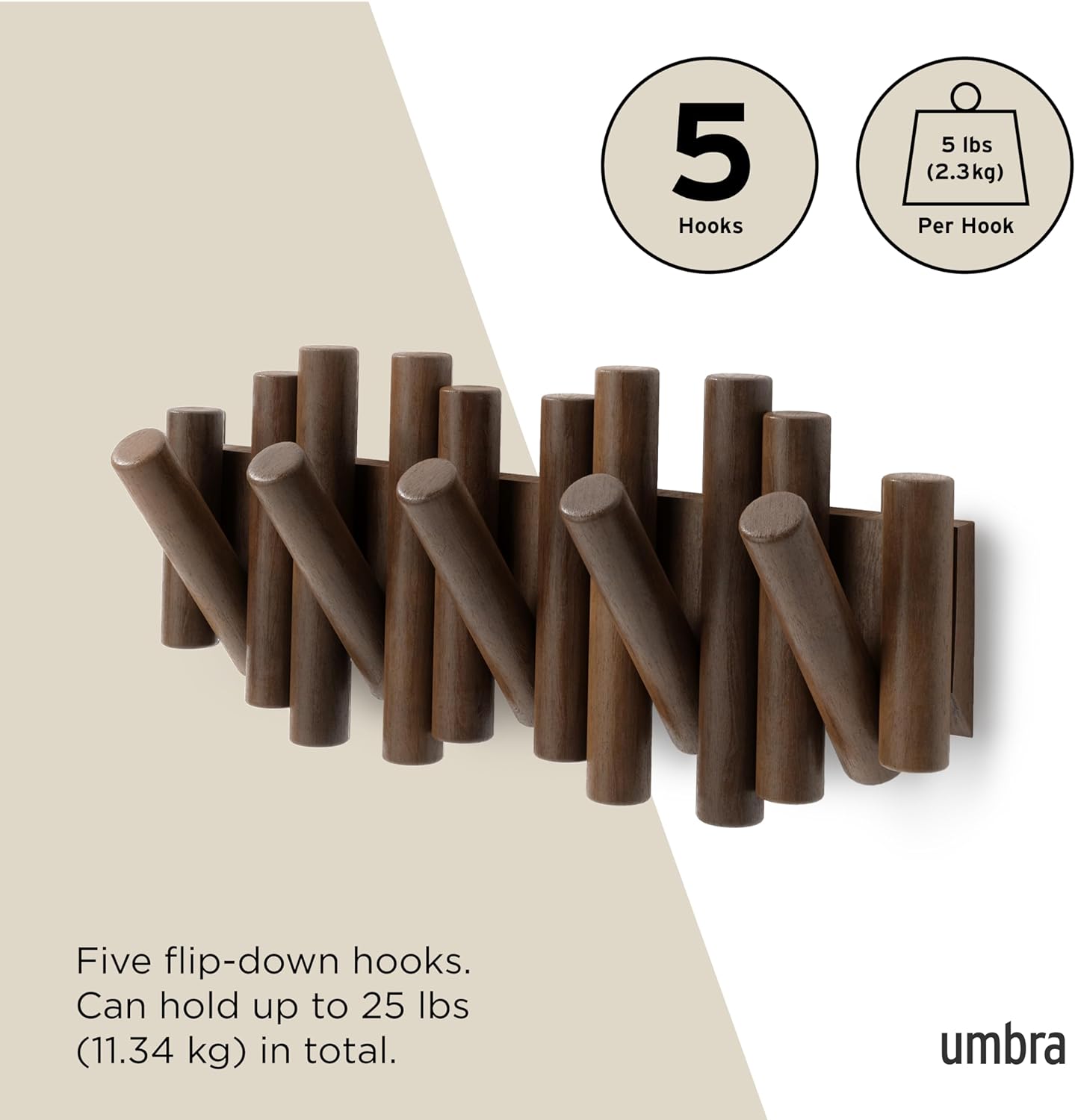 Detalle de Umbra Picket garderobslist med 5 fällbara krokar i valnötsantik finish