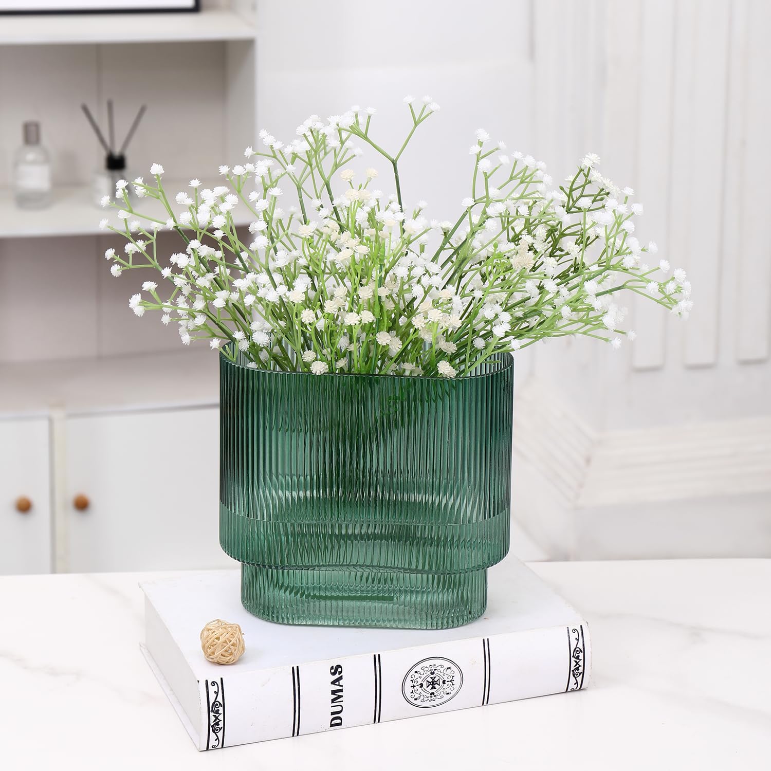 Detalle 1 de KAYLETIN geribbelde glazen vaas, groen, ovaal, met brede opening, 18 cm