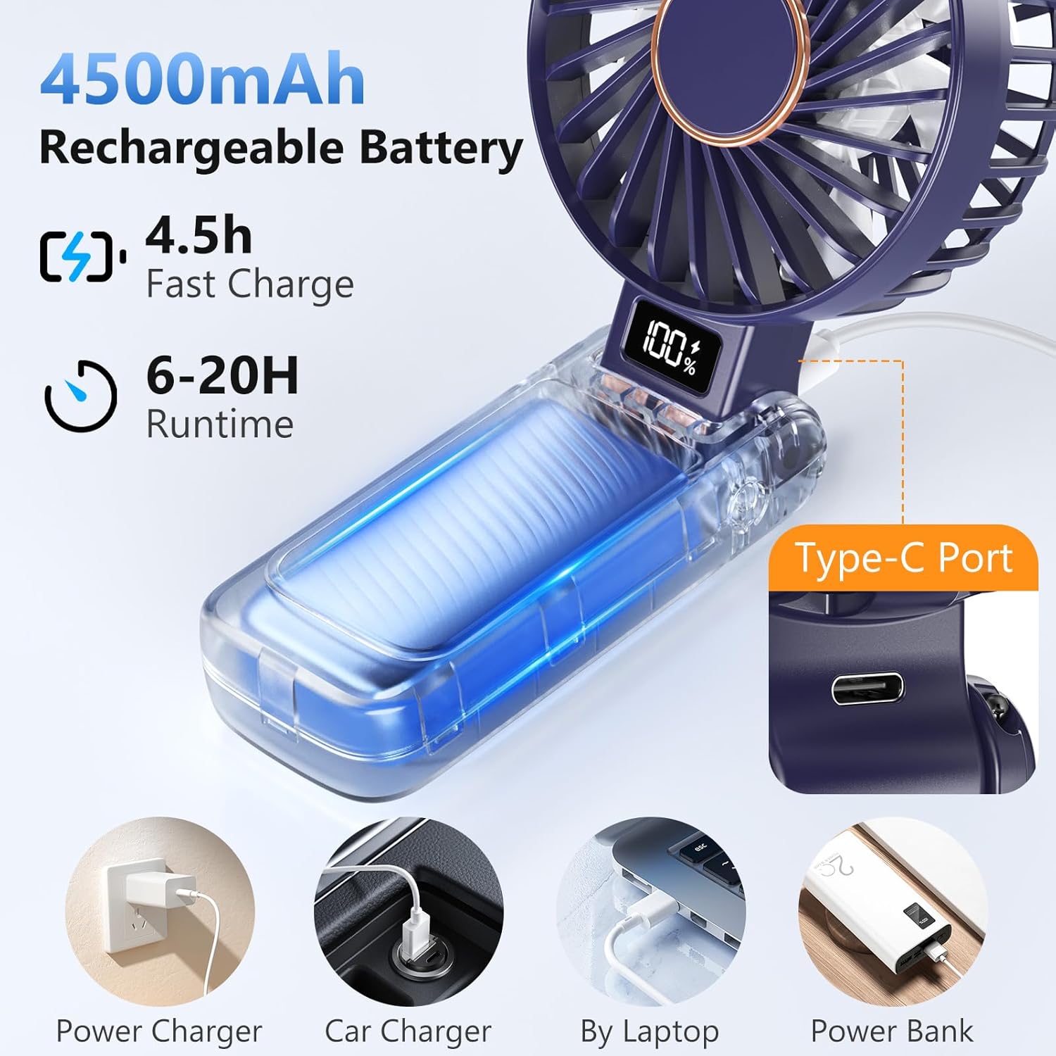 Thumbnail 2 de Mini Ventilatore Portatile 3-in-1: 5 Velocità, USB-C e Display LED per Uso Quotidiano