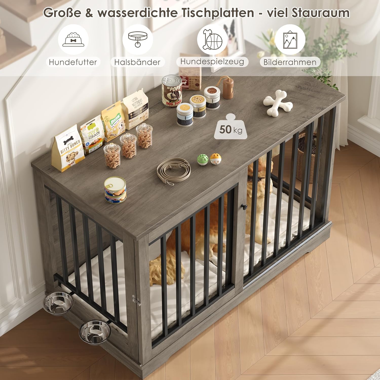 Detalle 2 de FirFurd Hundekäfig Möbel 120 cm breit – Hundebox aus Metall und Holz, inkl. Schiebetüren (120 x 90 x 60 cm)