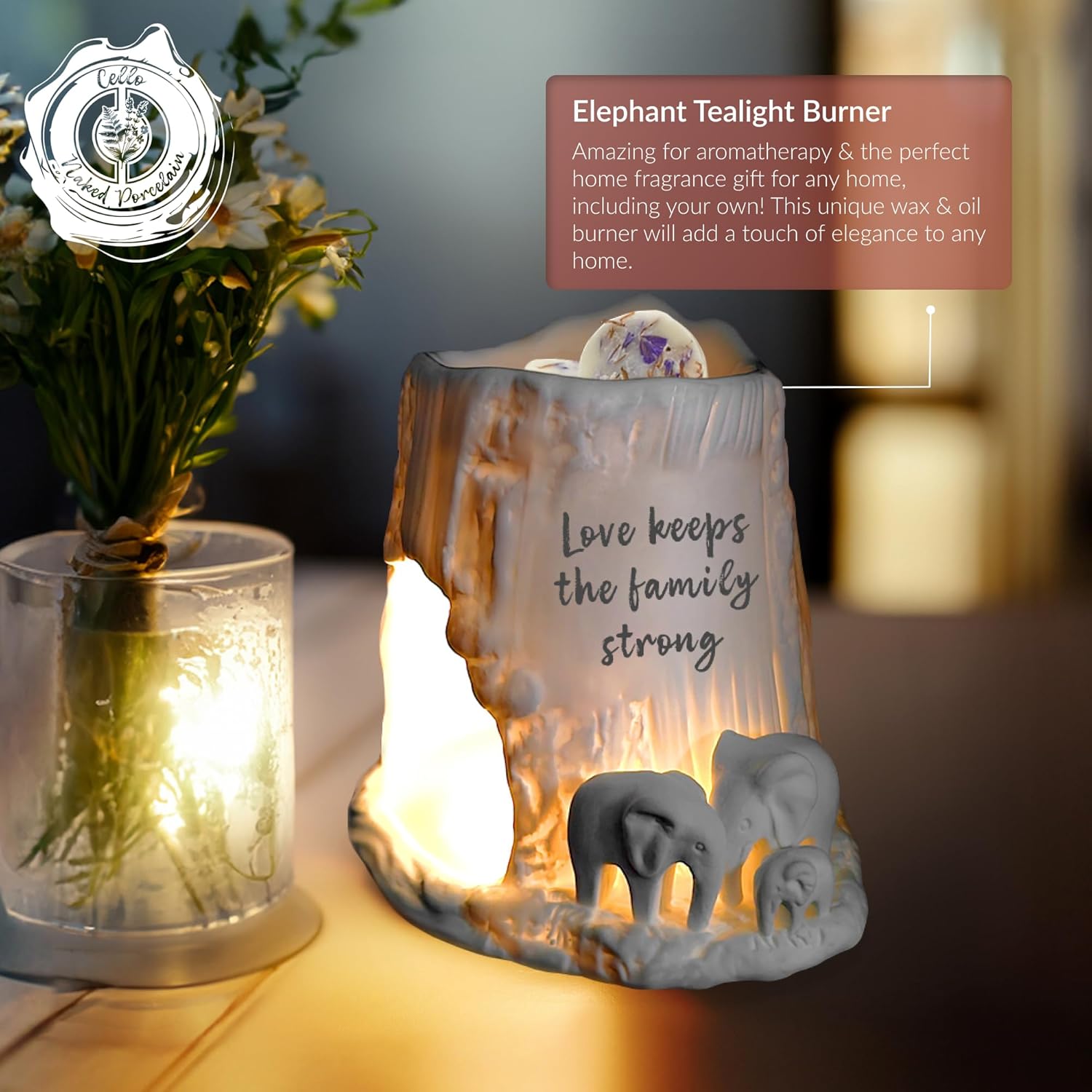 Thumbnail 1 de Cello Elephant Tealight Burner – Porcelain décor wax melt & essential oil warmer