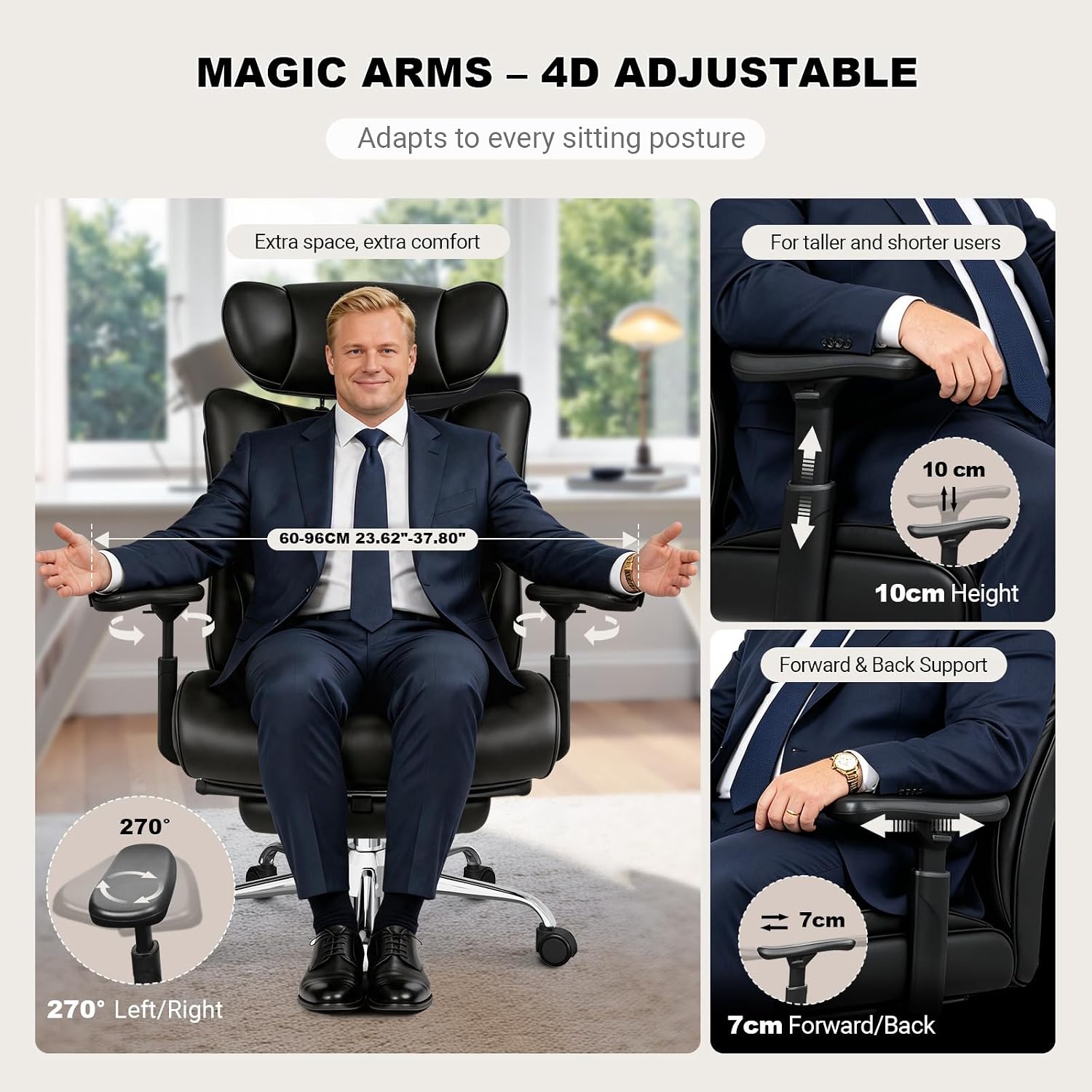 Thumbnail 3 de BASETBL Office Chair Heavy Duty: 440lbs/200kg XXL Leather Executive with Headrest, Footrest and 3D Armrests