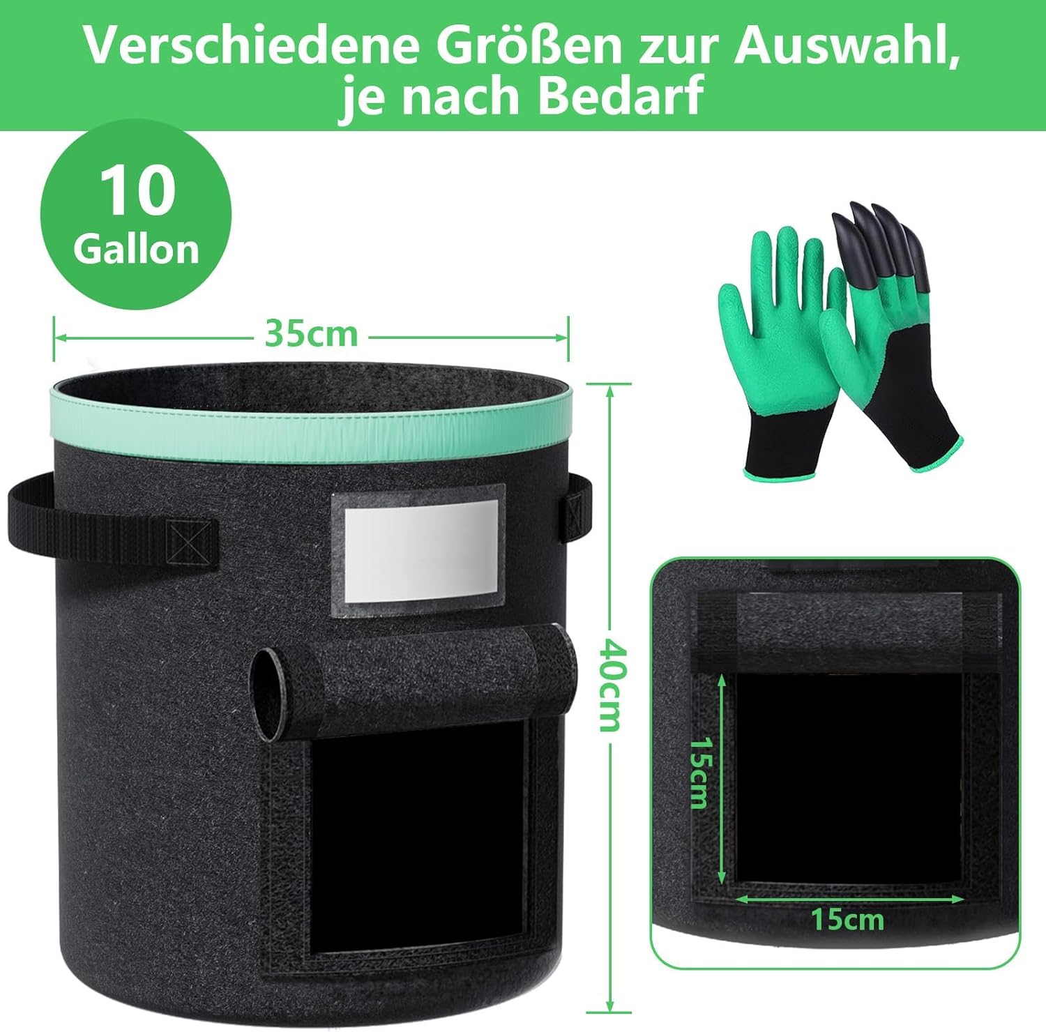 Thumbnail 1 de Paerduo Kartoffel Pflanzsack 38 Liter (3er-Set) mit Griffen und Sichtfenster – Filz-Pflanztaschen in Schwarz