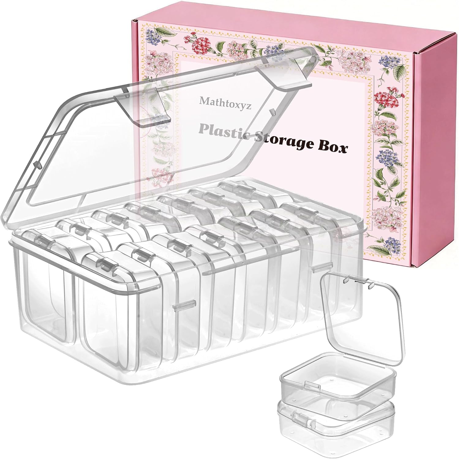 Detalle de Mathtoxyz 14-Piece Bead Organizer Set, Clear Plastic Boxes with Hinged Lids
