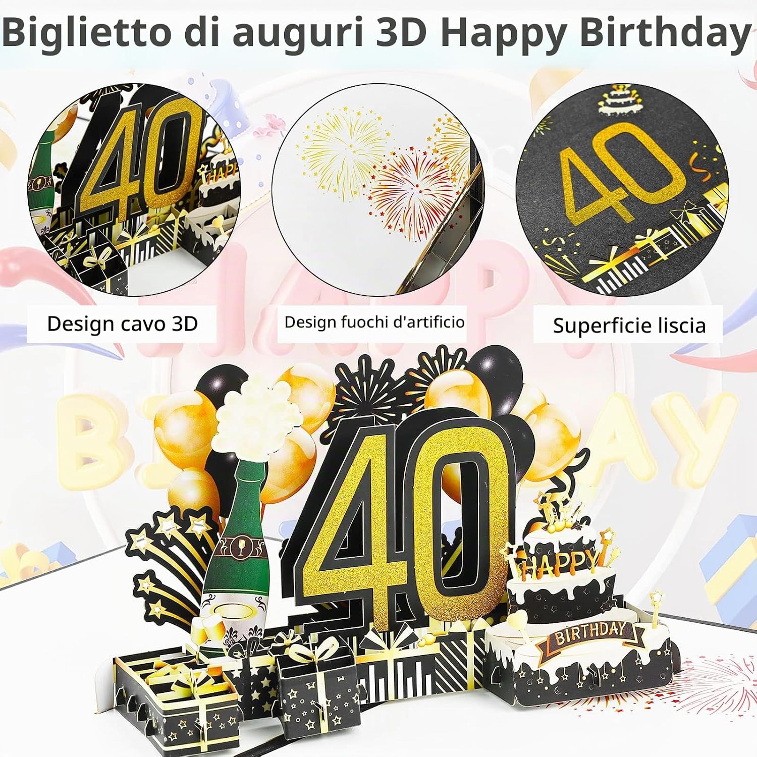 Detalle 2 de Joyoldelf Biglietto di Auguri di Compleanno 40° 3D Pop-Up con Busta – Regalo dallo stile unico