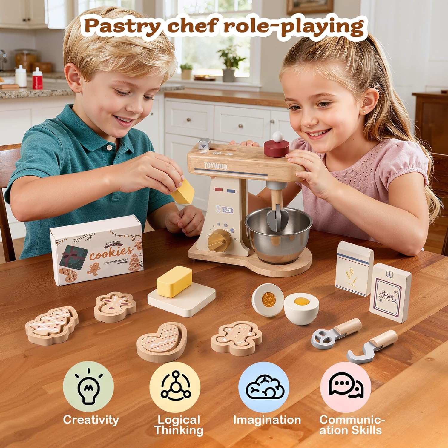 Thumbnail 5 de Toywoo Holzspielmixer für Kinder – Lern-Kochset-Zubehör mit Rührbesen, Rührstäben & Teigwender ab 3 Jahren