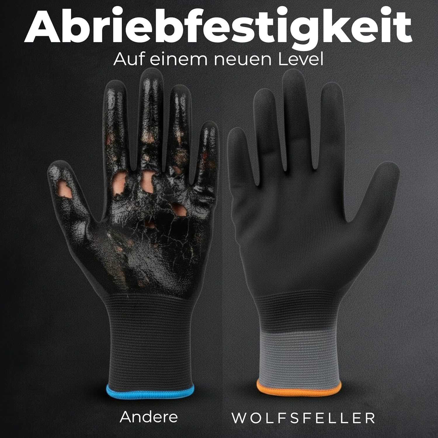 Detalle de WOLFSFELLER Premium Arbeitshandschuhe Herren Gr 10 – 5 Paar leistungsstarke Montage-Handschuhe mit langlebiger Nitril-Beschichtung