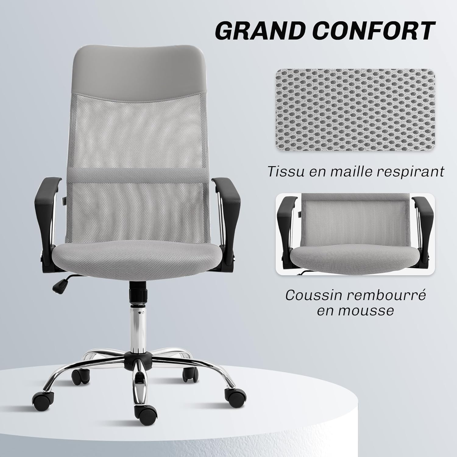 Thumbnail 6 de HOMCOM Fauteuil de bureau manager grand confort avec dossier ergonomique, assise réglable et pivotante (tissu maille gris)
