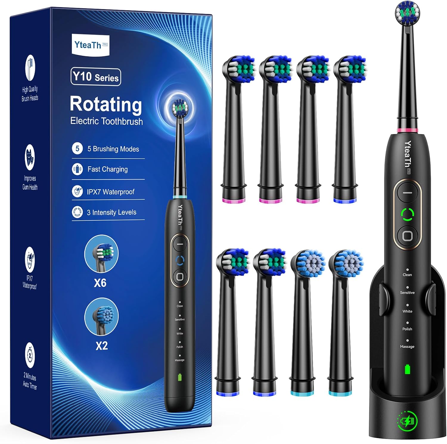YTEATH PRO: Brosse À Dent Électrique Rotative pour Adultes — 5 Modes, 3 Intensités, 8 Têtes, IPX7, Noir Profond