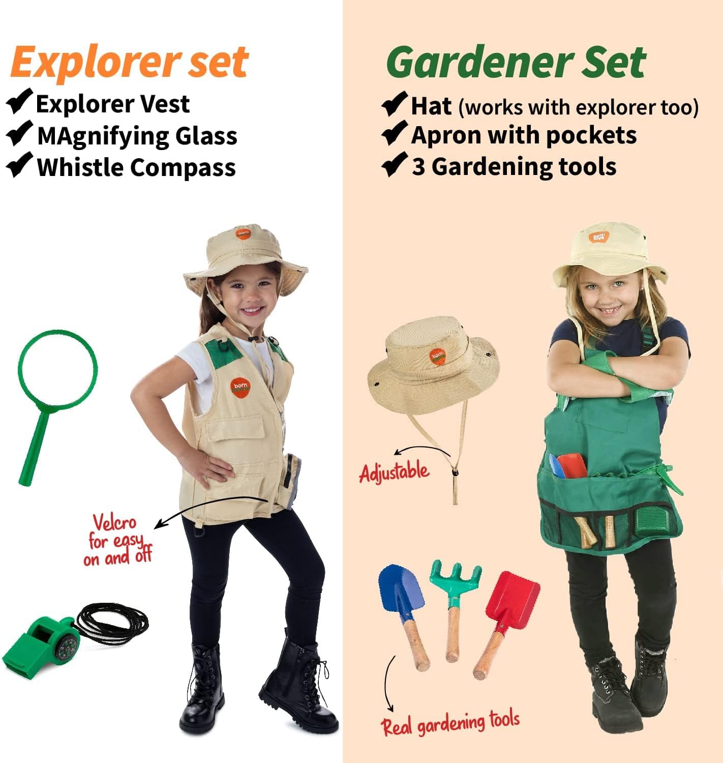 Thumbnail 3 de Born Toys 6-in-1 Toddler Dress Up Clothes Set (Ages 3–7) – Police, Firefighter, Doctor, Chef, Gardener & Explorer with Storage Box