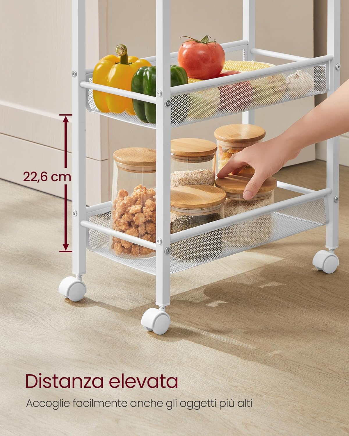 Detalle de VASAGLE Carrello a 5 ripiani LRC035W09 salvaspazio beige rovere e bianco con ruote