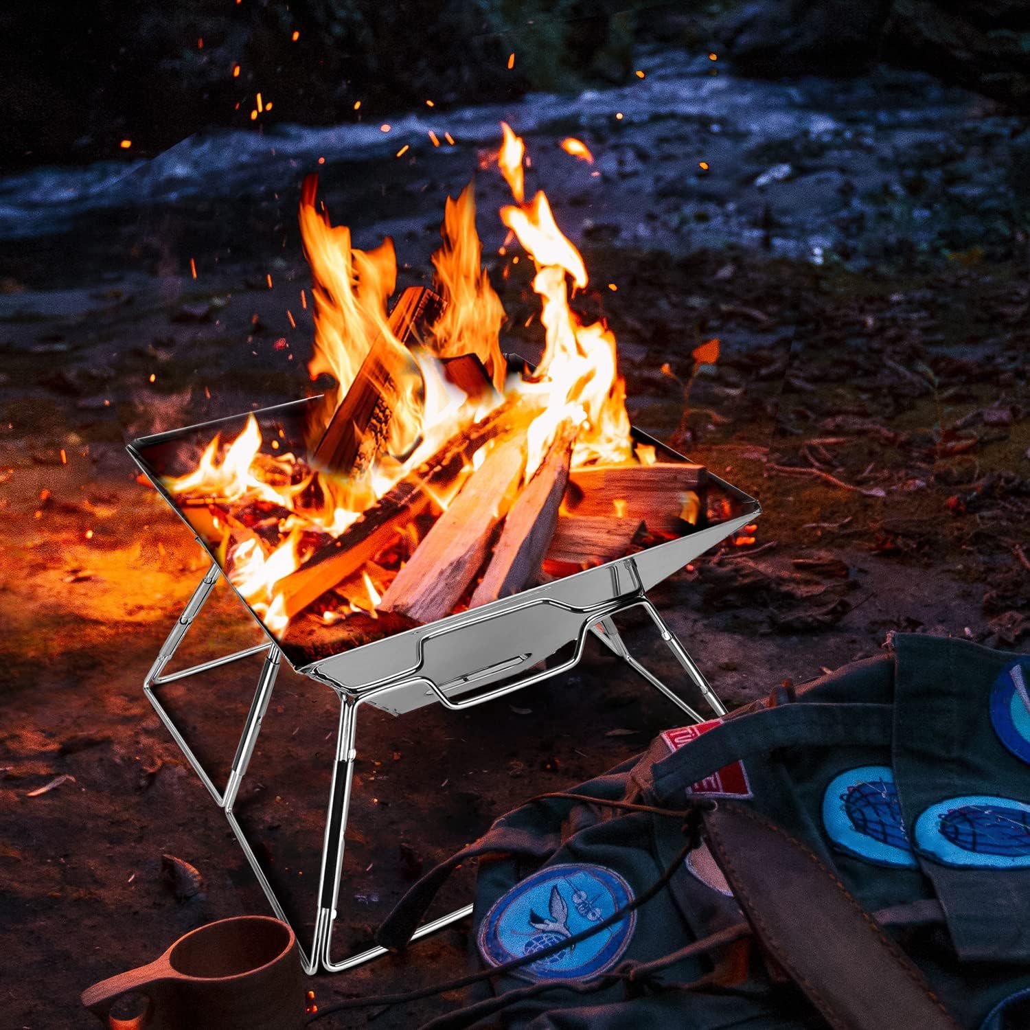 Thumbnail 6 de Odoland Portable Collapsible BBQ Fire Pit & Campfire Grill (Stainless Steel, Carry Bag, L size)