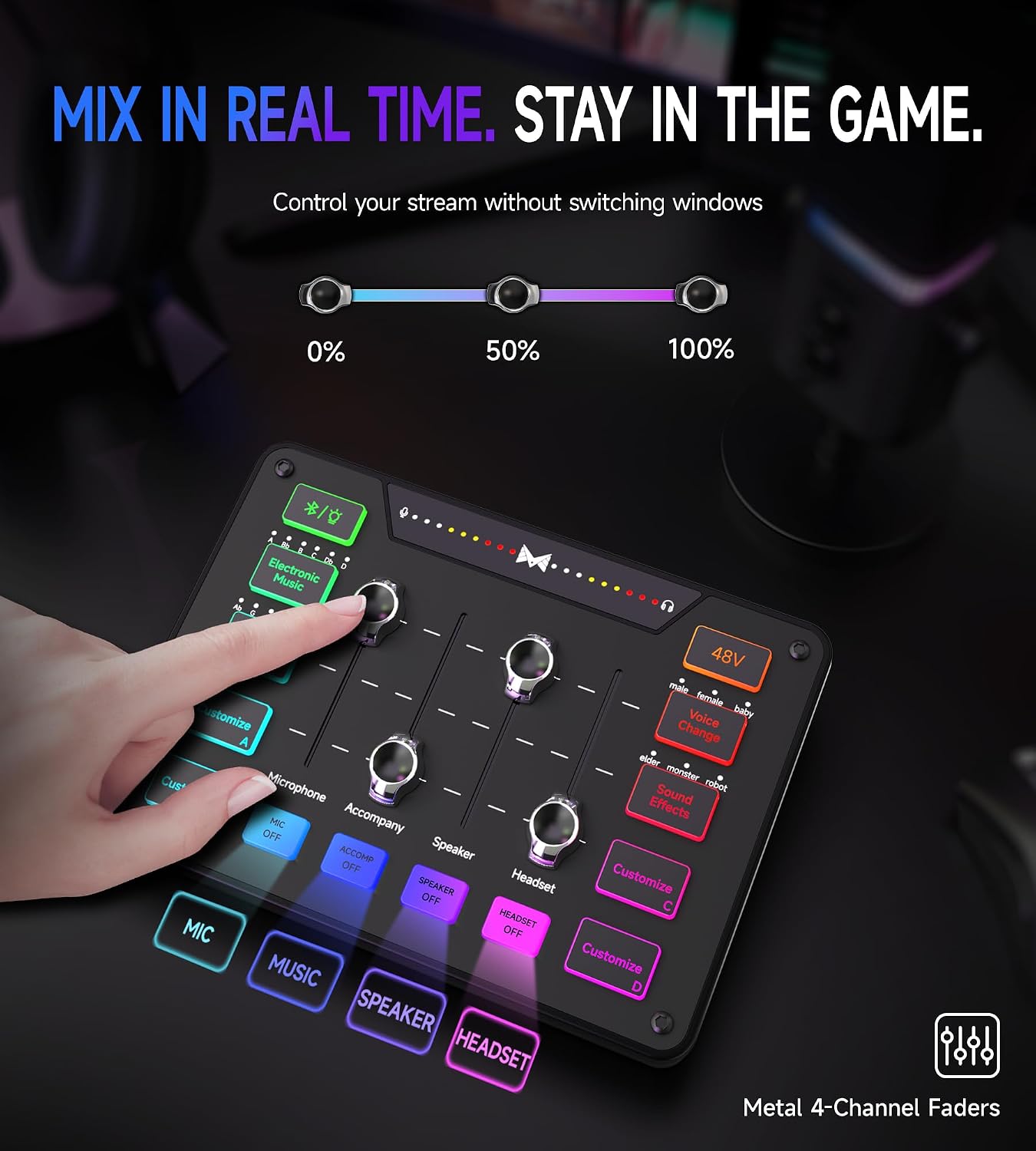 Detalle de MAILANGSHI D1 Gaming Audio Mixer with XLR, Bluetooth, 48V Support and RGB