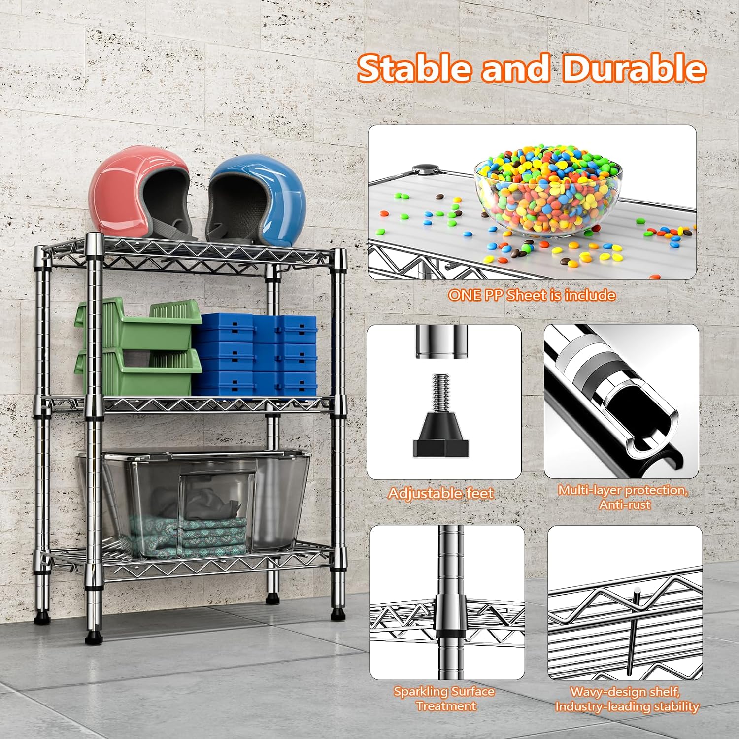 Thumbnail 6 de M MZG A305572AH301-EU 3-Tier Chrome Wire Shelving Unit with Shelf Liners