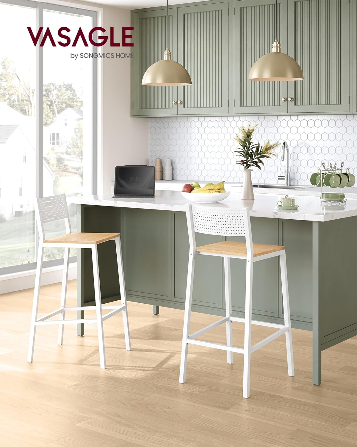 Detalle 2 de VASAGLE Sgabelli Cucina, Set da 2 – Sgabelli da Bar alti in stile industriale beige rovere bianco LBC070W09