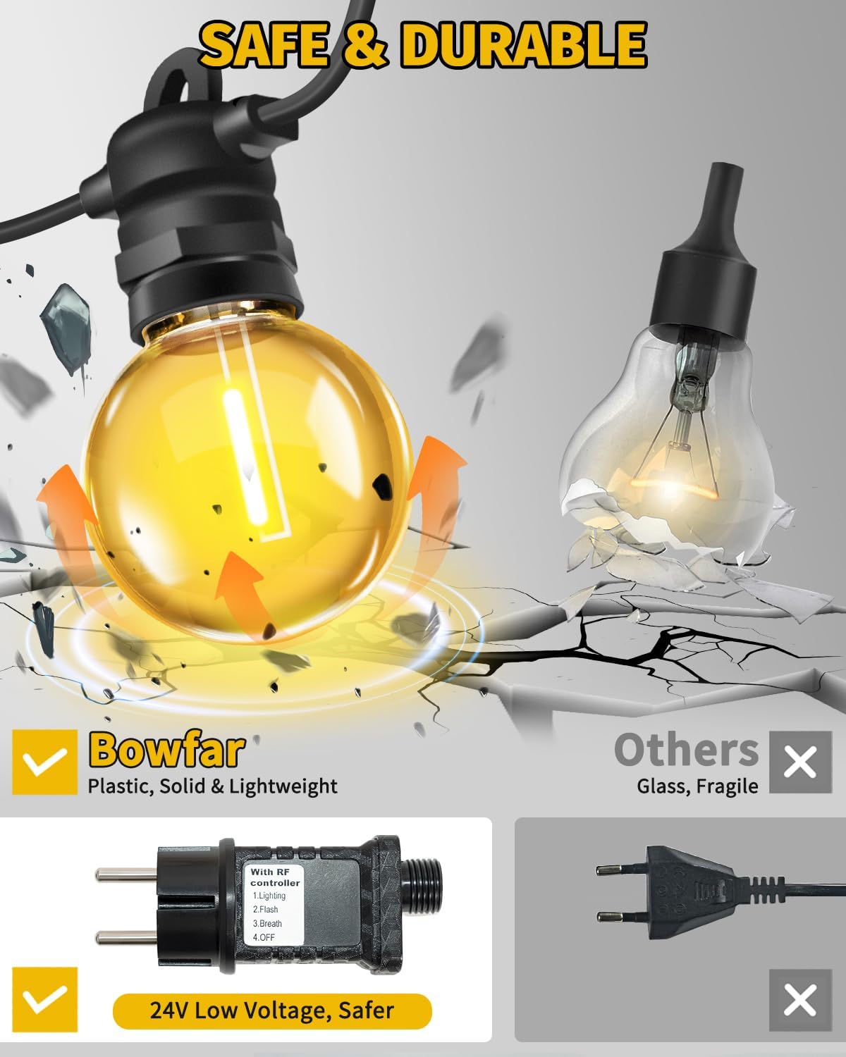 Detalle de Bowfar Außen-Lichterkette mit G40-Glühbirnen, 15 m, IP68, dimmbar & mit Fernbedienung (23+2 Stk)