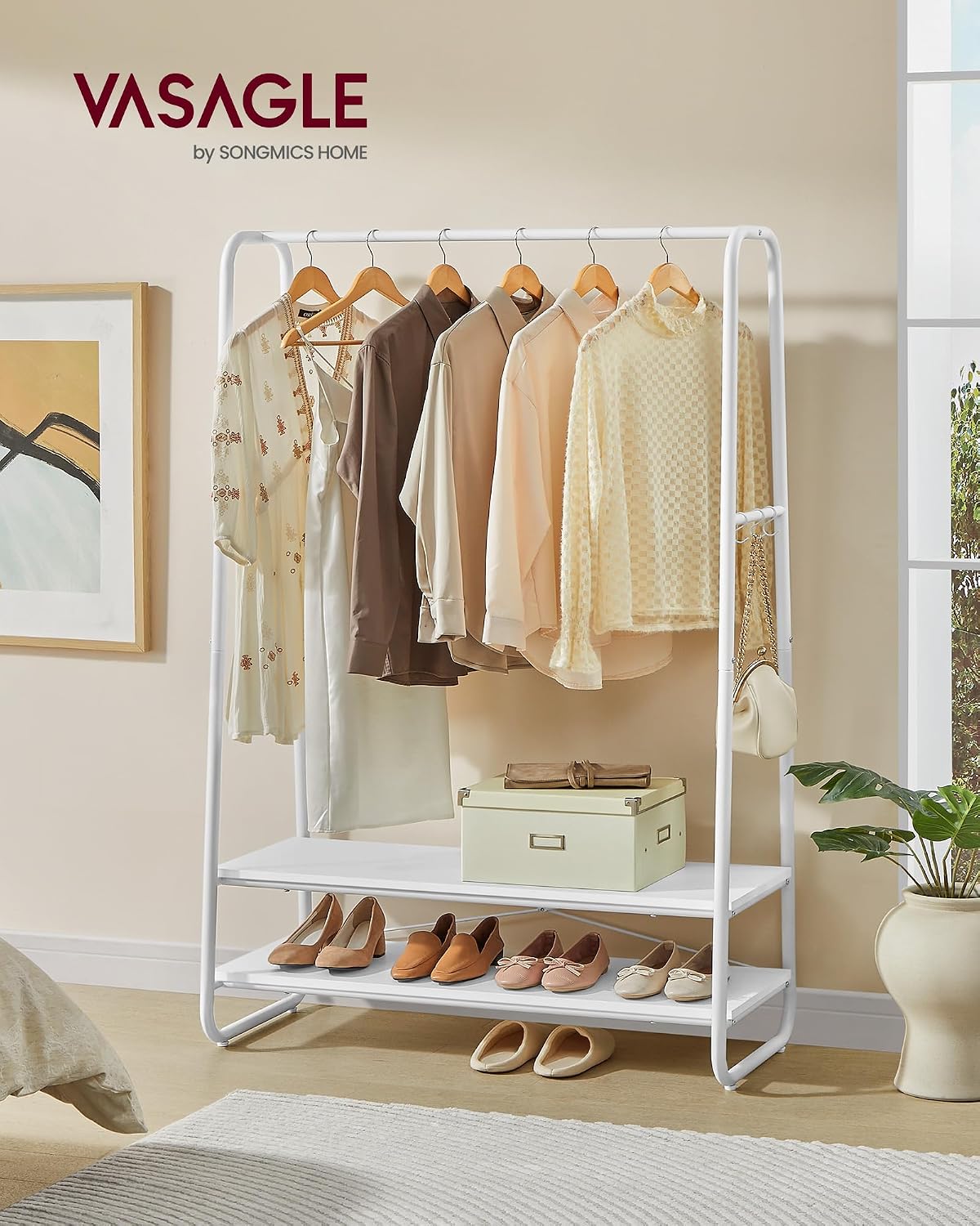 Detalle de VASAGLE COLTEN RGR112W02 Clothes Rail, 2 Shelves and 6 Hooks