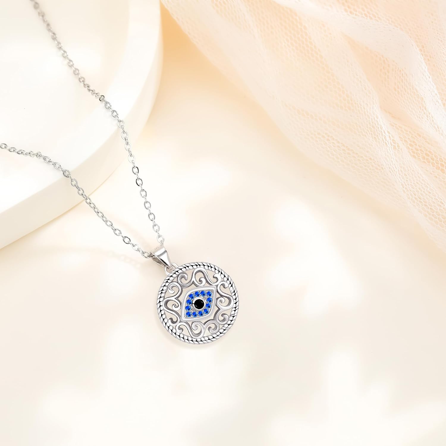 Detalle de J.WUEN Collier pour femme en argent sterling 925 avec pendentif œil en zirconia