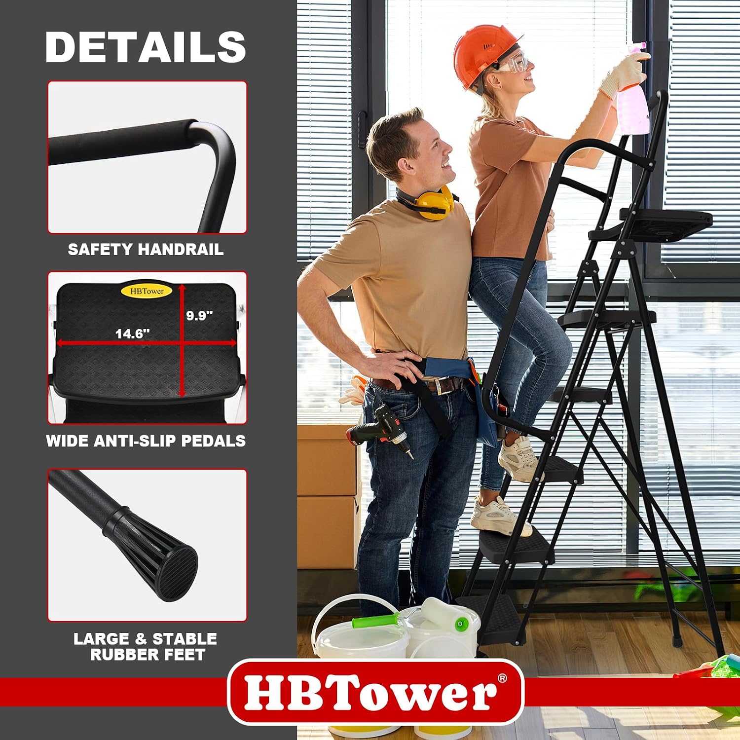 Detalle 2 de HBTower Folding Step Ladder with Wide Non-Slip Pedals and Tool Tray
