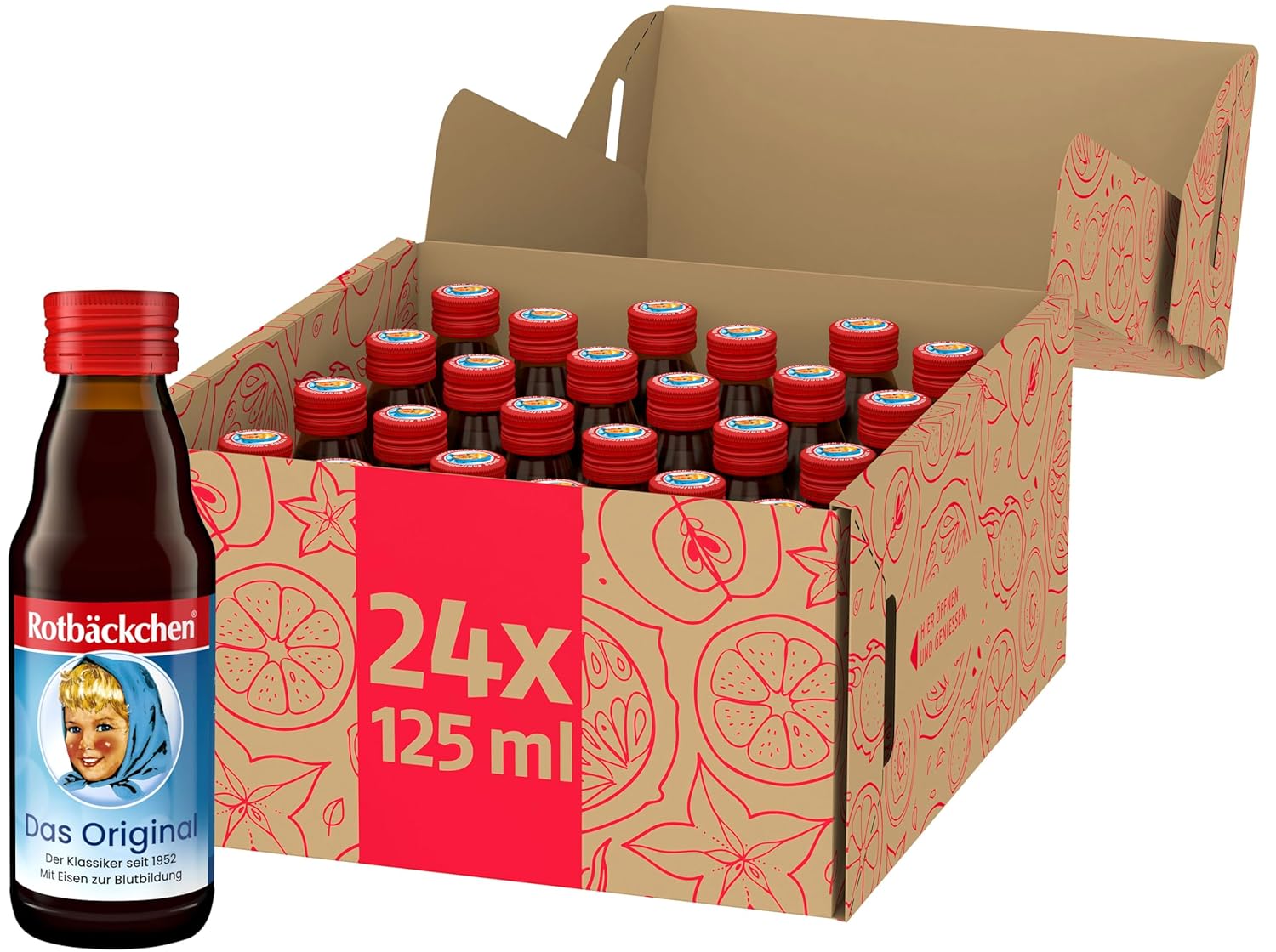 Detalle de ROTBÄCKCHEN Das Original MINI 24er Pack – 24 × 125 ml Saft mit 99 % Mehrfruchtsaft, Honig und Eisen